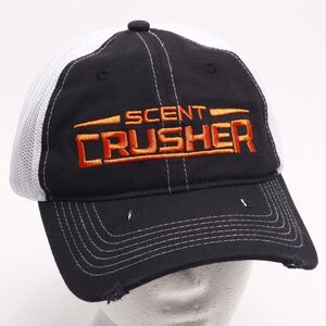 NEW Scent Crusher Logo Distressed Mesh Strapback Trucker Hat Black White Orange